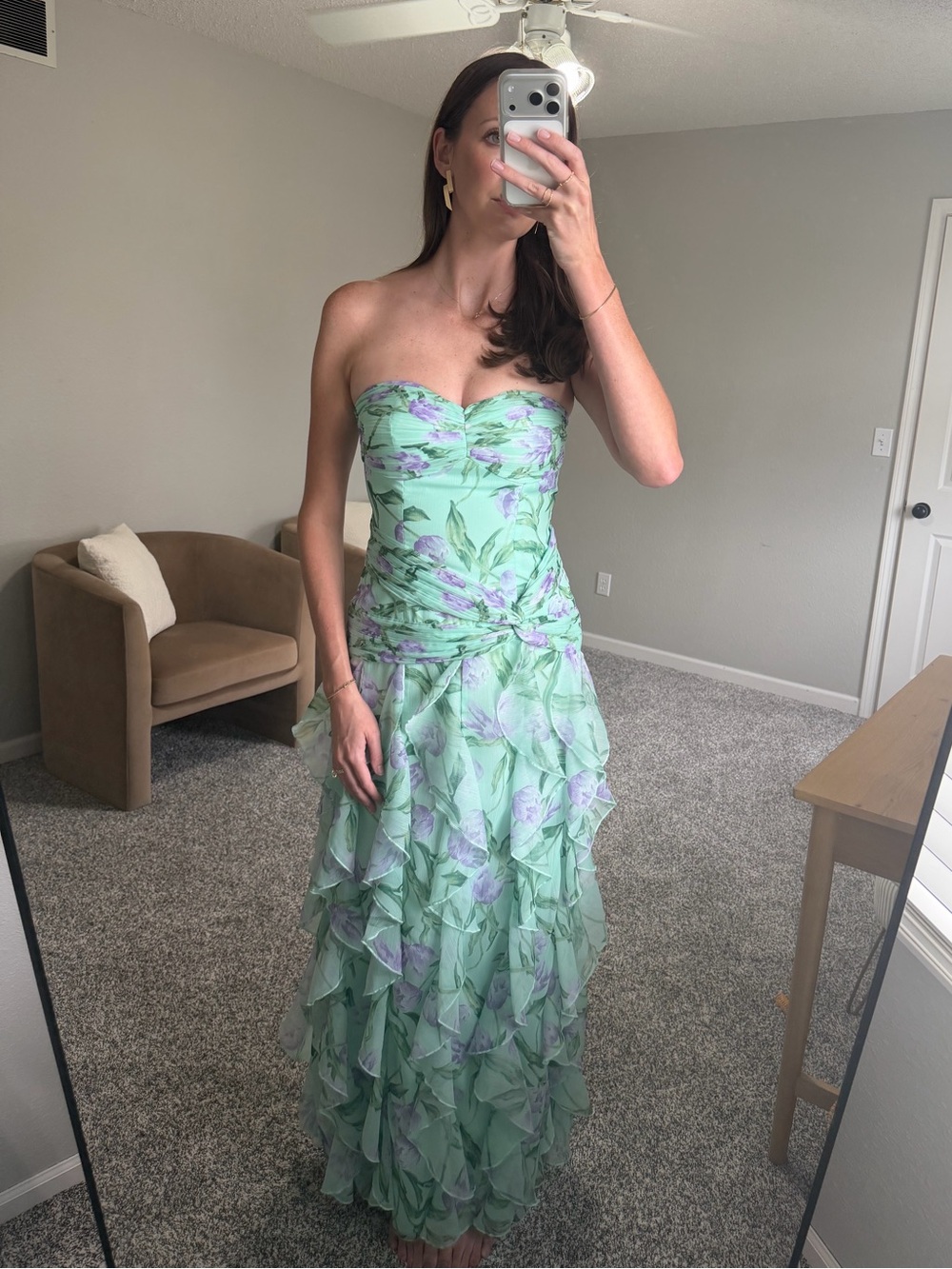 Lulu's Mint Green Strapless Floral Ruffle Maxi Dress